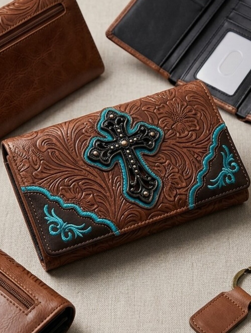 Brown Embossed Cross Accent Wallet with Turquoise Detail